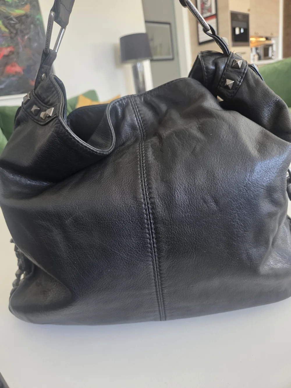 Rebecca Minkoff Studded Hobo Black Leather Pyramid Studs, Cardinal Bird Lining - Picture 4 of 11